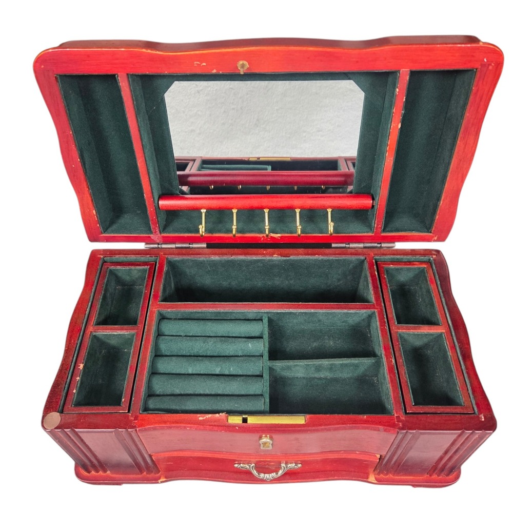 Vintage Wooden Jewelry Box Women Large Cherry Red Green Velvet Lining